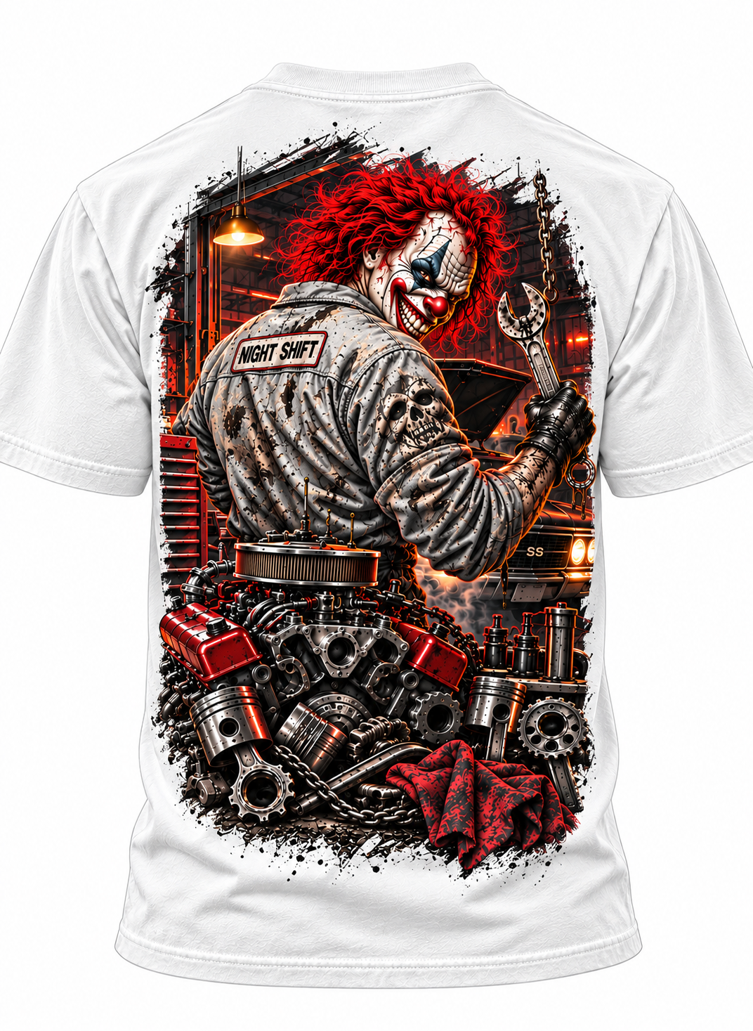 Night Shift Clown Mechanic T-Shirt – Garage Horror Graphic Tee