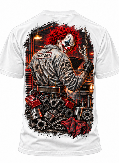 Night Shift Clown Mechanic T-Shirt – Garage Horror Graphic Tee