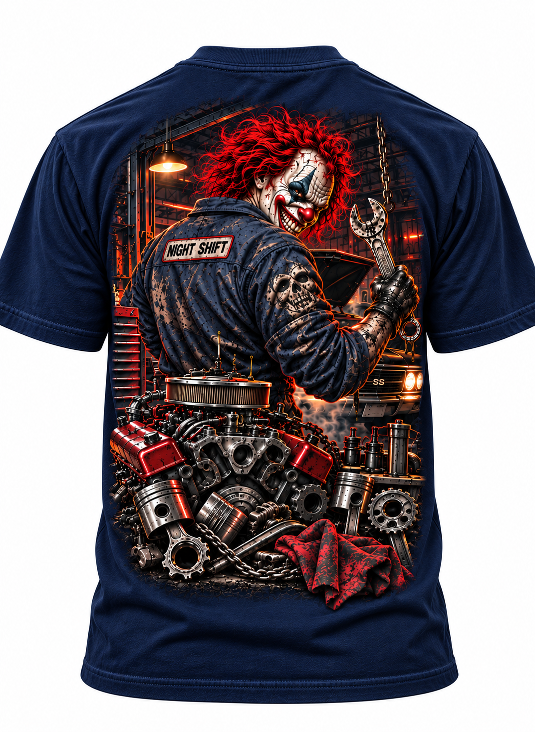 Night Shift Clown Mechanic T-Shirt – Garage Horror Graphic Tee